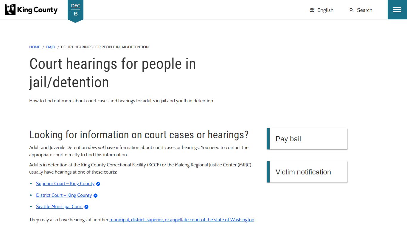Court hearings for people in jail/detention - King County